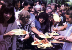 Devotees dish out plate after plate of prasadam (sanctified food) to eager celebrants at a festival in Montreal
