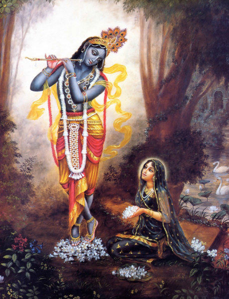 Happiness finds perfection in the love between Lord Sri Krsna and His greatest worshiper, Srimati Radharani.