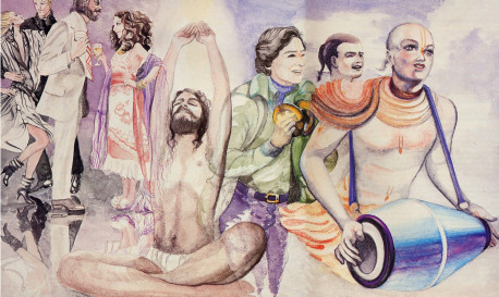Three kinds of happiness./strong> When we see the futility of sense enjoyment (far left), we may look for happiness in merging with the Absolute (center). But until we attain the happiness of devotion to Krsna (left), our search for happiness will remain unfulfilled.