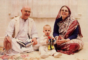 Acarya-devi dasi with her husband, Tulasi dasa, and their one-year-old son, Tulasyananda, at home at the Hare Hare Krsna center in Potomac, Maryland