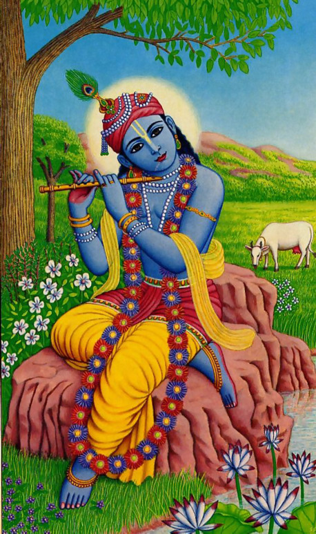 When Krsna plays His flute in the transcendental land of Goloka Vrndavana in the spiritual world, even the animals, the rivers, and the grass and other nonmoving objects are attracted to the beautiful sound. Krsna invites everyone to return to the spiritual sky and enjoy eternal life with Him.
