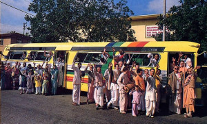 The temple bus brings the chanting of Hare Krsna to all corners of Los Angeles.