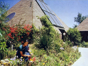 Mohana-devi dasi picks flowers to decorate the altar at the Pyramid House, a temple retreat overlooking Topanga Canyon, a community forty miles north of Los Angeles