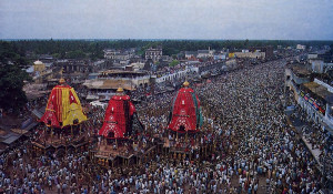 The great annual Ratha-yatra festival at Jagannatha Puri in Orissa, unchanged since the time of Sri Caitanya Mahaprabhu.