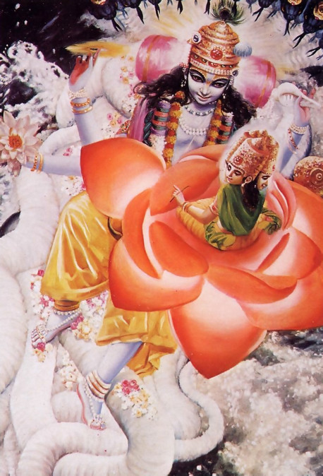 Within each universe, while lying on a bed of celestial snakes floating on the universal waters. Garbhodaksayi Visnu creates Brahma, whom He empowers to create all planets and all species of life. Brahma, who in this universe has four heads, is born from a lotus sprouting from the navel of Garbhodaksayi Visnu.