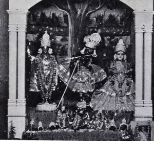 The deities of the Chaitanya Math Temple, on Janmasthmi (Krishna appearance) Day, 1968. On the left is the Chaitanya Mahaprabhu form of the Lord. He is placed beside Radha and Krishna because He is the embodiment of Them both, come to this world to deliver the fallen souls by propagating the chanting of the Holy Names of the Lord.