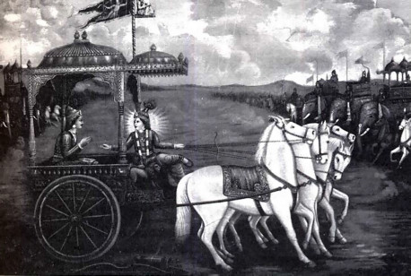 "Lord Krsna drew the fine chariot up in the midst of the armies of both parties"