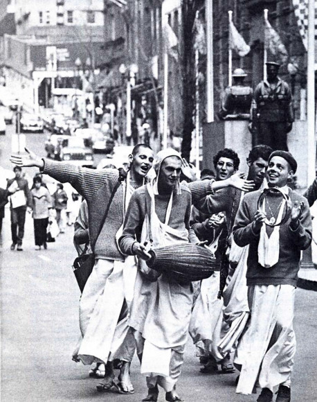 Downtown in Sydney, Australia, the Hare Krsna devotees blissfully execute the divine order of the spiritual master: "Chant Hare Krsna, and be happy"