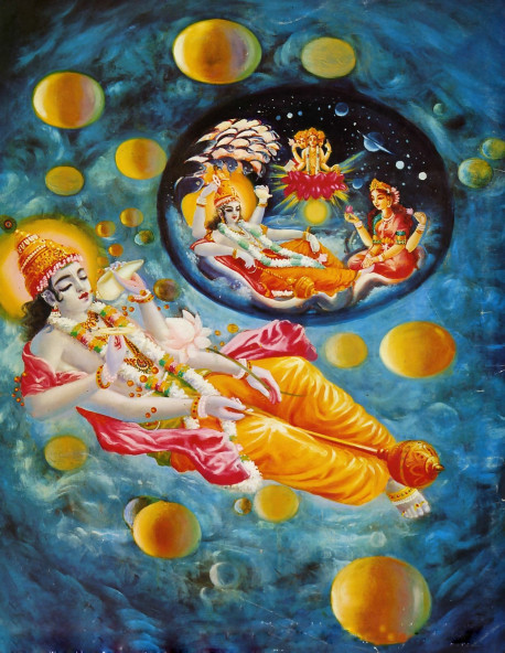 Maha-Visnu, a part of a part of Krsna, lies down in a corner of the spiritual sky, and from his breathing all the universes come out like golden balls, and in each universe He further expands as Garbhodakasayi Visnu, and from the stem of a lotus growing from His navel, Lord Brahma, the first living entity is born...