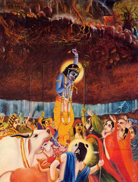 As a child, Lord Krsna, the Supreme Personality of Godhead, almost daily fulfilled His promise that He would always protect His devotees. In one instance He rescued the entire village of Vrndavana and its inhabitants from sun disaster by lifting Govardhana Hill and holding it in the air for seven days as great umbrella during a storm sent by Indra, the King of heaven.