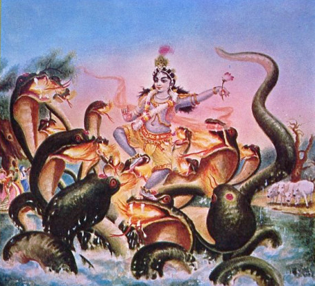Lord Krsna dances on the heads of the demoniac Kaliya serpent whose vernom had polluted the waters of the River Yamuna. The Lord subdued the demon simply by dancing on his heads and drove him away from the Yamuna's waters. Pure devotees of Lord Krsna derive transcendental pleasure from visiting the sites of the Lord's pastimes.