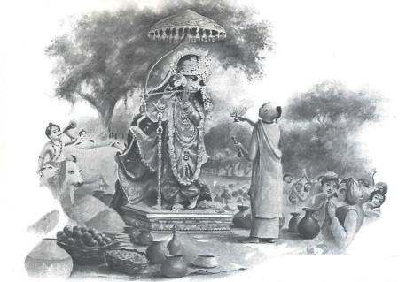 Led by Madhavendra Puri, the villager welcomed and worshiped the Deity. Pleased by devotion, the transcendental cowherd boy agreed to become visible to the public.