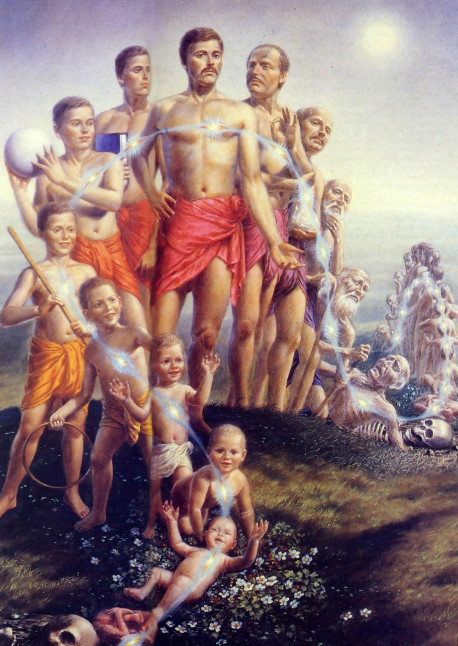 The soul transmigrates at every moment as our body changes from childhood, to youth, and then to old age. When the body disintegrates at death, the soul start s another round of transmigration in a new body. For those who wish to break free o f this painful cycle of repeated death and rebirth, the Vedic literature provides the method: Krsna consciousness.
