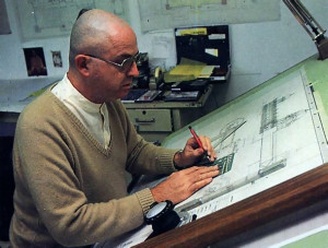 Working jointly on design and architectural rendering for the interior of the Temple of Understanding are Murti dasa and Sudhanur dasa.