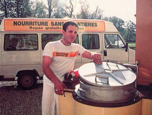 Adiraja dasa, co-director of the French Food for Life program, uses an army-surplus mobile kitchen .