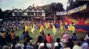 In addition to the traveling festival, the temples of the International Society for Krishna Consciousness sponsor such traditional cultural events as Janmastami, the annual celebration of Lord Krsna's appearance-day anniversary, shown above at Bhaktivedanta Manor, where thousands of Londoners watch a performance by an Indian dance company. The festival culminates in a midnight worship ceremony and a feast of prasadam, vegetarian food offered to Lord Krsna.