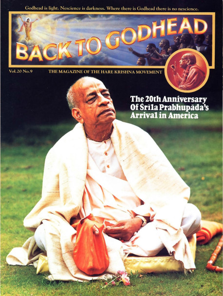 Srila Prabhupada (see his biographical sketch on the facing page) arrived in America-Boston, Massachusetts- twenty years ago this month aboard the steamship Jaladuta, with only a few dollars and a trunk of books. The anniversaries of his arrival in the West, his appearance day, and his passing away in 1977 continue to inspire commemorations among his disciples and grand-disciples in Krsna conscious communities around the world. Here he is pictured at Bhaktivedanta Manor, an estate near London donated by former Beatle George Harrison.