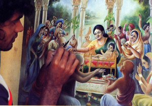 Joyous festivities during Lord Caitanya's appearance-day celebration five hundred years ago, as painted by Dinesh, a full-time devotee-artist.