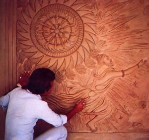 To make the terracotta bas-relief panels, devotee-artists first cover a seven-foot by seven-foot area with clay taken from their own ISKCON Mayapur land. They then form it into a relief depicting a pastime from the Vedic scriptures. in this case the account of a proud sage who is pursued by a deadly disc weapon