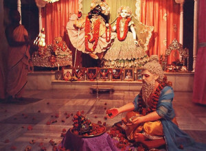 On His appearance-day anniversary, Advaita Acarya is worshiped along with Sri Sri Radha-Madhava. Deities of the Supreme Lord.