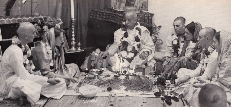 One aspect of Srila Prabhupada's cure for material illusion was responsible, Krsna conscious marriage. Here he performs a traditional Vedic wedding ceremony at the Boston Hare Krsna center in the late sixties. Later, as the International Society for Krishna Consciousness expanded, Srila Prabhupada turned over the responsibility for performing these ceremonies to his older disciples.