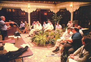 In the courtyard of Prabhupada's Palace of Gold, David Bromley, professor of sociology at Virginia Commonwealth University, moderates an academic conference on ISKCON. A number of talented interpreters of the Indian religious tradition and the contemporary Western religious scene met to explore the implications of the Hare Krsna movement on the eve of its third decade in the West.