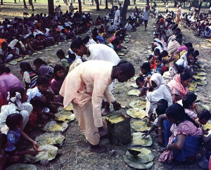 Each week at the Hare Krsna center in Mayapur, as well as in nearby villages, prasadam (food that has been offered to Krsna) is distributed free to all comers on simple leaf plates.