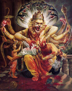 Unafraid of the ferocious Lord Nrsimha, Prahlada approaches the Lord to garland Him. Prahlada understood that Hiranyakasipu had brought about his own fate by his defiance of the Lord's omnipotence. Prahlada then requested that his father be liberated from further suffering.
