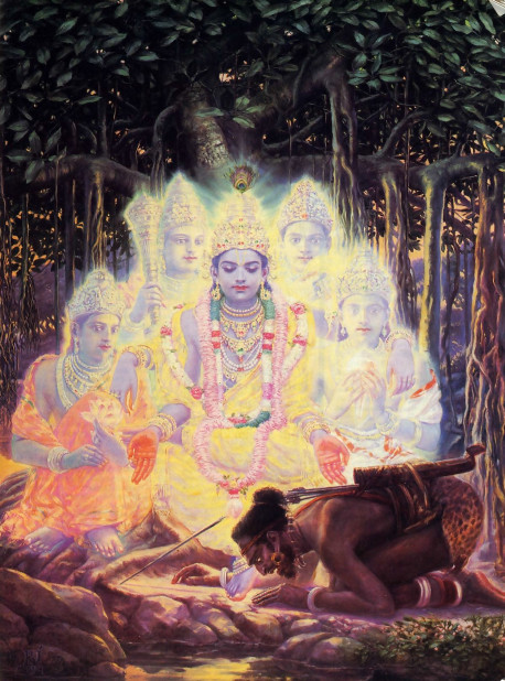 To be wilder the faithless, who think that Krsna has a material body, He pretended to die as the result of being shot in the foot by a hunter. But Krsna's form is spiritual, and from it expand unlimited potencies. Shown here surrounding Krsna, in their personal forms, are His chief weapons-the lotus, club, disc, and conchshell.