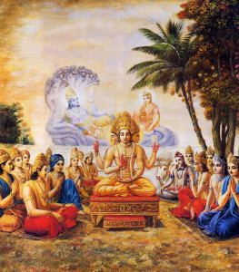 On hearing of Mother Earth's plight, Lord Brahma and the demigods have gone to the spiritual planet Svetadvipa. There, at the shore of the ocean of milk, they pray for Lord Krsna to come to earth.