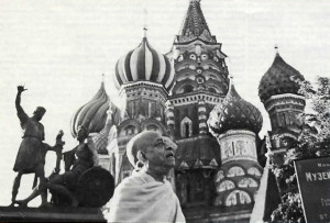 Srila Prabbupada walks in front of Saint Basil's Cathedral in Red Square. Moscow, June 1971.